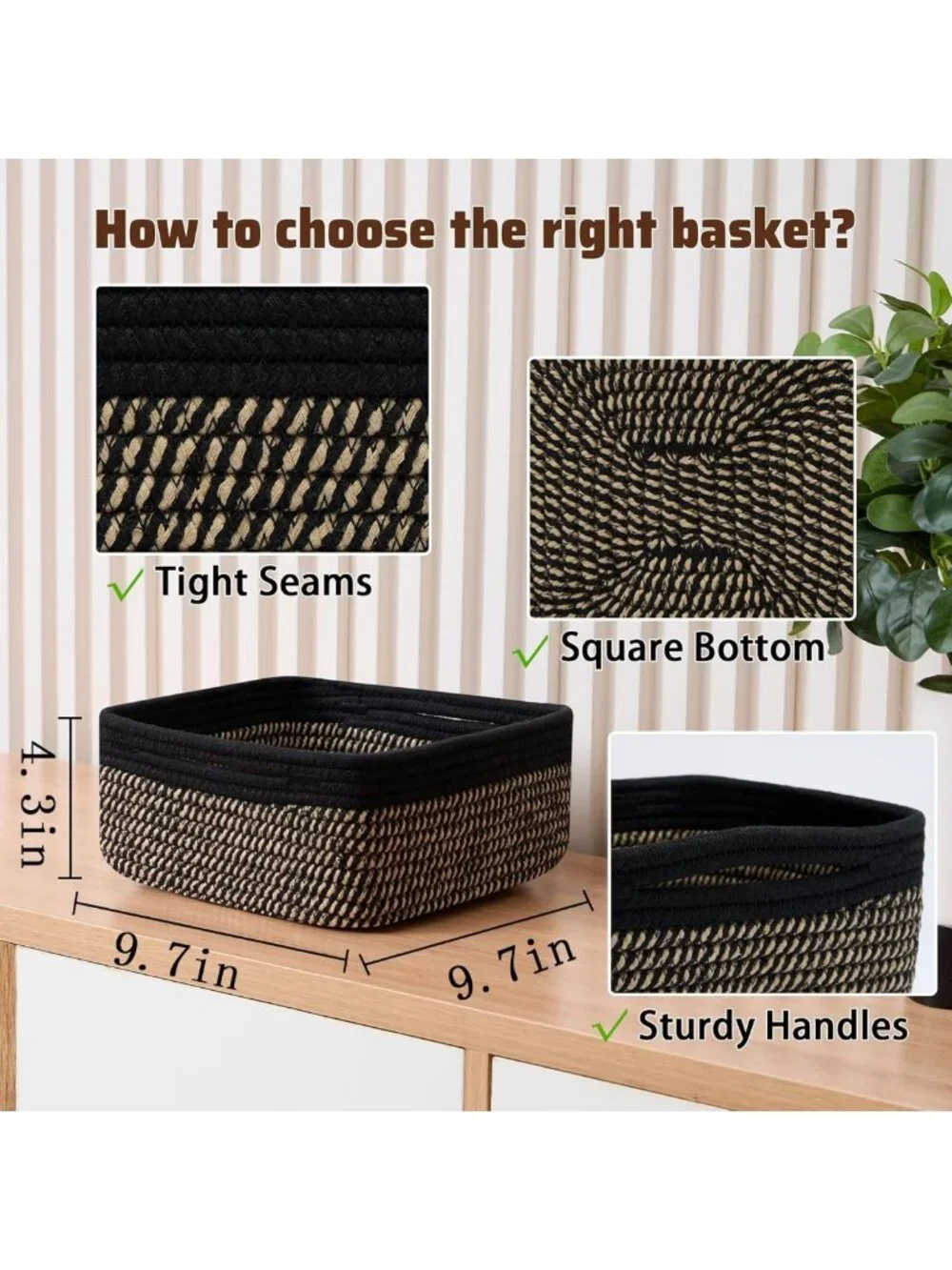 Set of 2 Boho Rope Woven Storage Baskets - Small Square Organizing Bins for